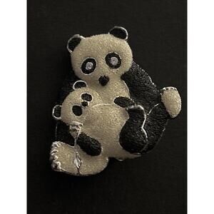 Panda Bear Brooch Mother & Baby Lapel Pin Costume Black & White Silver Tone